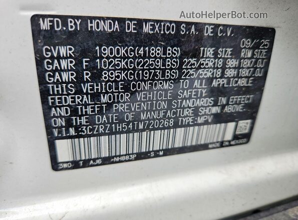 3CZRZ1H54TM720268 2026 HONDA HR-V Белый Панорамный вид салона 360°