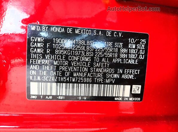 3CZRZ1H54TM725986 2026 HONDA HR-V Red VIN կոդի պիտակի տեսք