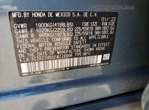 3CZRZ1H55PM726666 2023 HONDA HR-V Teal Вид наклейки з VIN-кодом