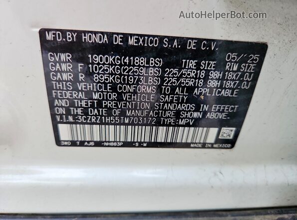 3CZRZ1H55TM703172 2026 HONDA HR-V Белый Вид наклейки с VIN-кодом