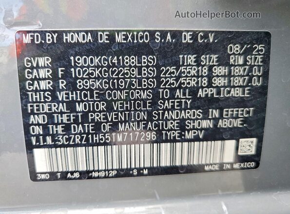 3CZRZ1H55TM717296 2026 HONDA HR-V Gray Вид наклейки з VIN-кодом