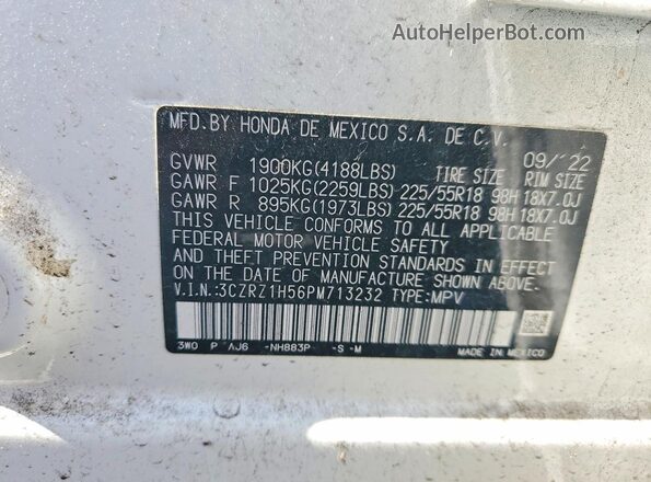 3CZRZ1H56PM713232 2023 HONDA HR-V White 360 interior view