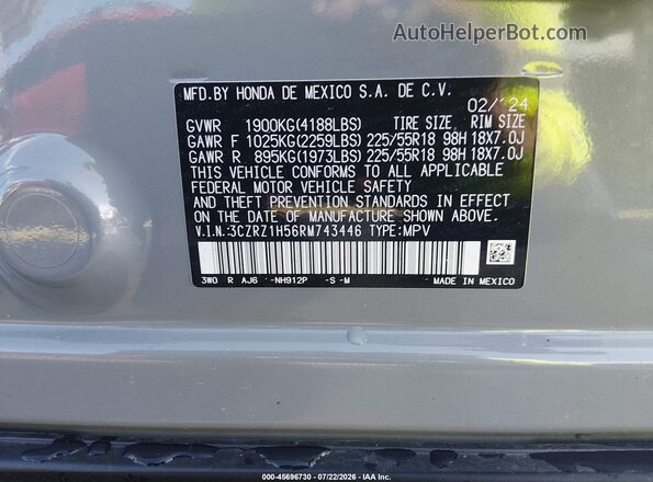 3CZRZ1H56RM743446 2024 HONDA HR-V Gray Շարժիչի բաժամունքի տեսք