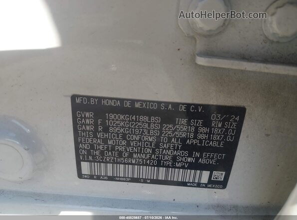 3CZRZ1H56RM751420 2024 HONDA HR-V White Widok komory silnika