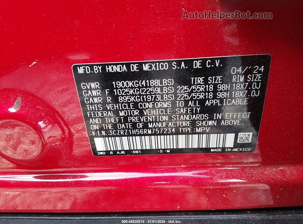 3CZRZ1H56RM757234 2024 HONDA HR-V Red Вид підкапотного простору