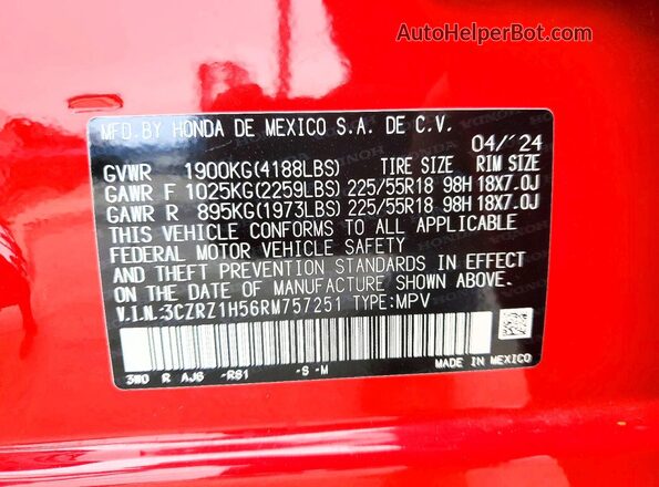 3CZRZ1H56RM757251 2024 HONDA HR-V Красный Вид наклейки с VIN-кодом