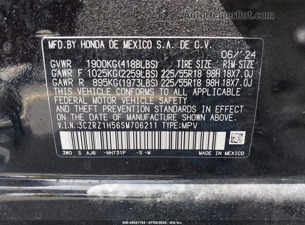 3CZRZ1H56SM706211 2025 HONDA HR-V Black Engine compartment view
