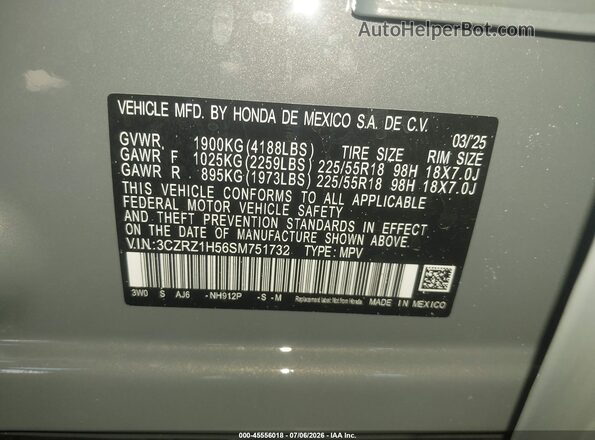3CZRZ1H56SM751732 2025 HONDA HR-V Серый Вид подкапотного пространства