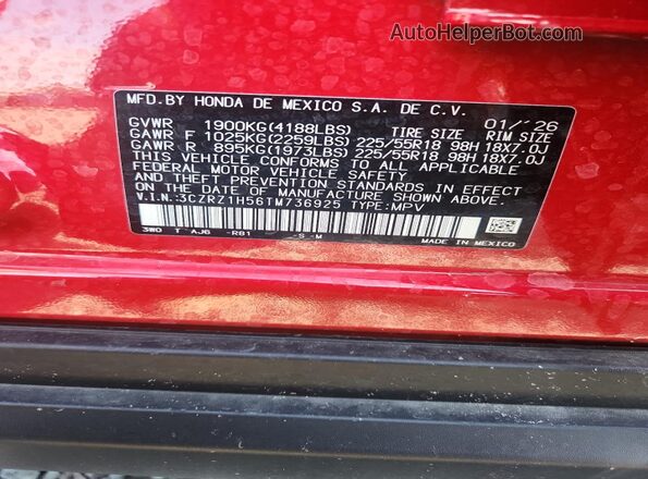 3CZRZ1H56TM736925 2026 HONDA HR-V Red VIN կոդի պիտակի տեսք