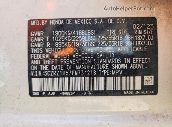 3CZRZ1H57PM734218 2023 HONDA HR-V White Вид підкапотного простору