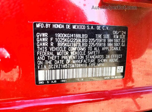 3CZRZ1H57SM708419 2025 HONDA HR-V Красный Вид наклейки с VIN-кодом
