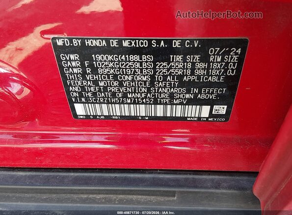3CZRZ1H57SM715452 2025 HONDA HR-V Red Շարժիչի բաժամունքի տեսք