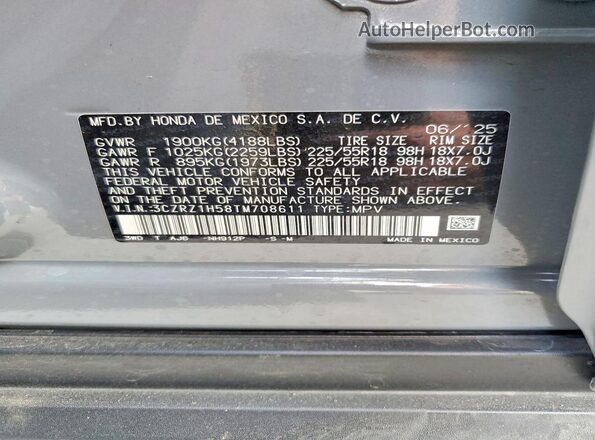 3CZRZ1H58TM708611 2026 HONDA HR-V Серый Вид наклейки с VIN-кодом