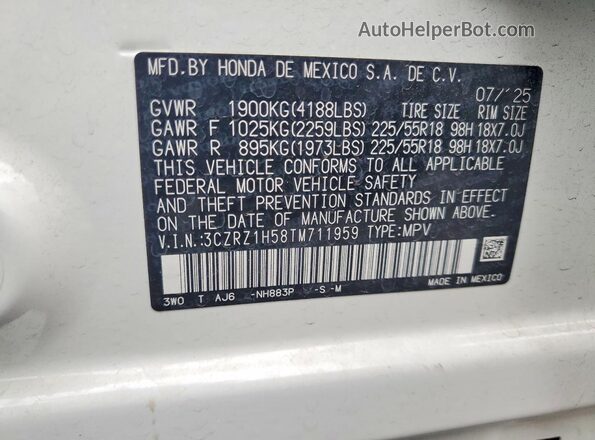 3CZRZ1H58TM711959 2026 HONDA HR-V White Панорамний вид салону 360°