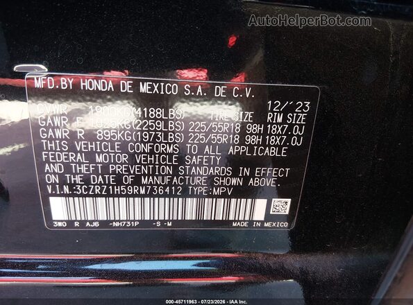 3CZRZ1H59RM736412 2024 HONDA HR-V Черный Вид подкапотного пространства