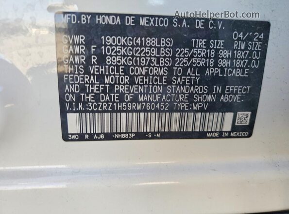 3CZRZ1H59RM760452 2024 HONDA HR-V White VIN կոդի պիտակի տեսք