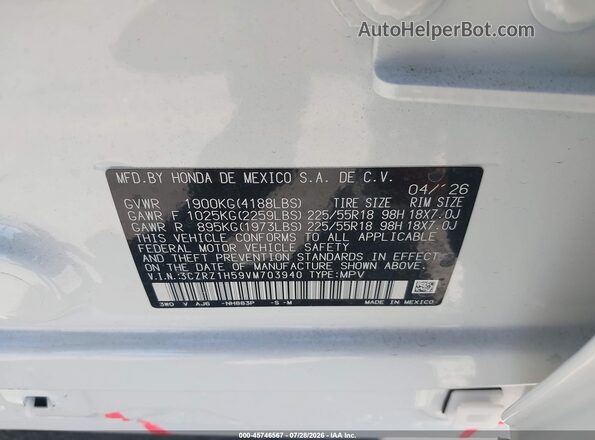 3CZRZ1H59VM703940 2027 HONDA HR-V White Vista del compartimento del motor