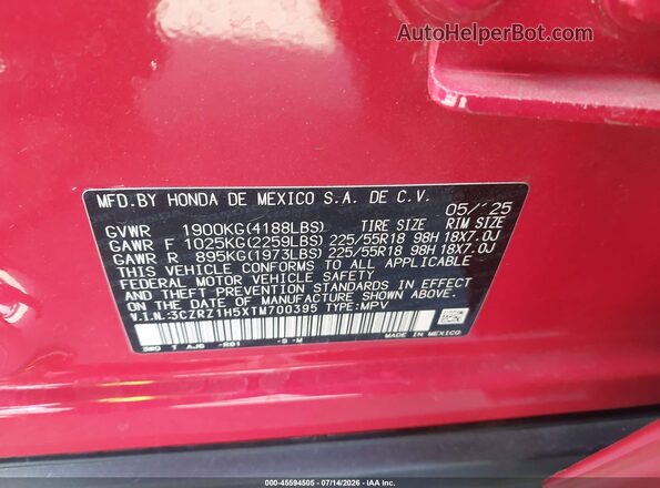 3CZRZ1H5XTM700395 2026 HONDA HR-V Red Engine compartment view