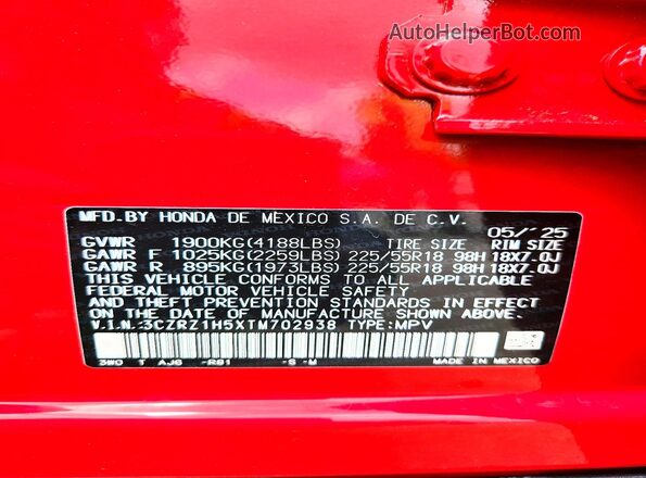 3CZRZ1H5XTM702938 2026 HONDA HR-V Red VIN կոդի պիտակի տեսք