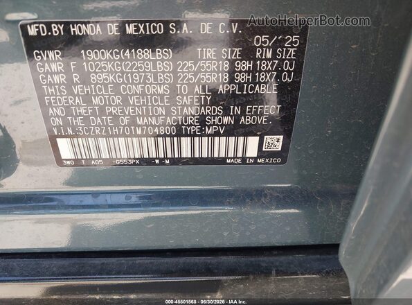 3CZRZ1H70TM704800 2026 HONDA HR-V Blue Widok komory silnika