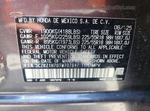 3CZRZ1H70TM707647 2026 HONDA HR-V Charcoal ძრავის განყოფილების ხედი