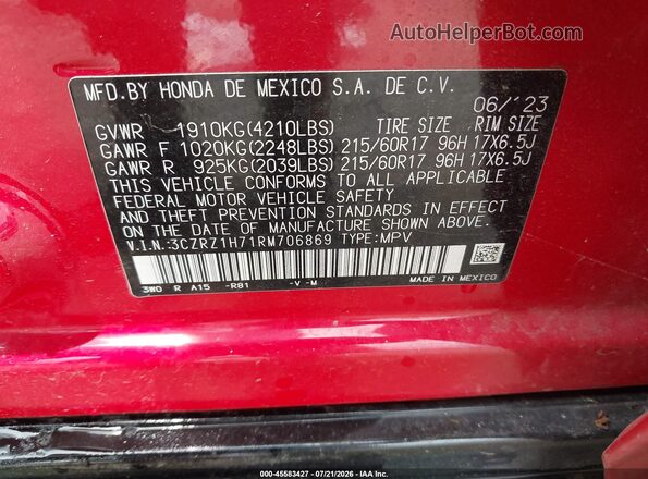 3CZRZ1H71RM706869 2024 HONDA HR-V Red Widok komory silnika