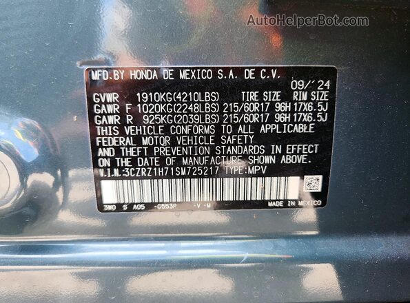 3CZRZ1H71SM725217 2025 HONDA HR-V Green VIN կոդի պիտակի տեսք