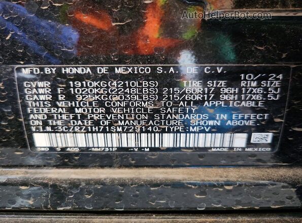 3CZRZ1H71SM729140 2025 HONDA HR-V Black Շարժիչի բաժամունքի տեսք