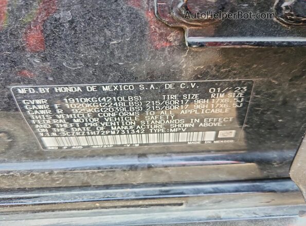 3CZRZ1H72PM731342 2023 HONDA HR-V Black VIN կոդի պիտակի տեսք