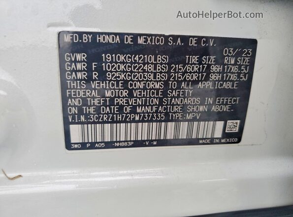 3CZRZ1H72PM737335 2023 HONDA HR-V Белый Вид наклейки с VIN-кодом
