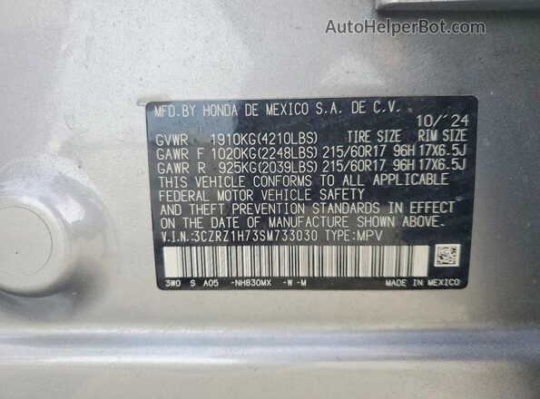 3CZRZ1H73SM733030 2025 HONDA HR-V Silver VIN կոդի պիտակի տեսք