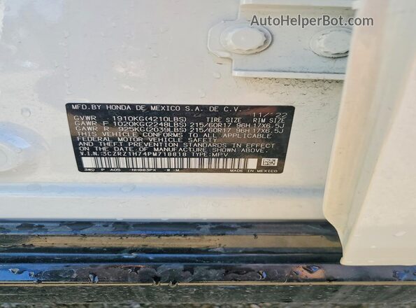 3CZRZ1H74PM718818 2023 HONDA HR-V White Widok naklejki z numerem VIN