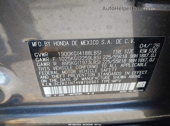 3CZRZ1H74VM700901 2027 HONDA HR-V Gray Շարժիչի բաժամունքի տեսք