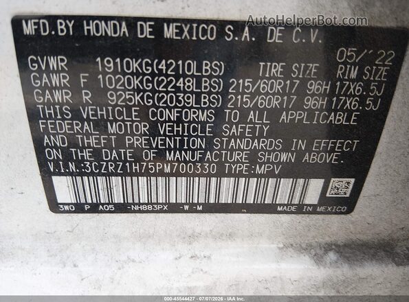 3CZRZ1H75PM700330 2023 HONDA HR-V White Շարժիչի բաժամունքի տեսք
