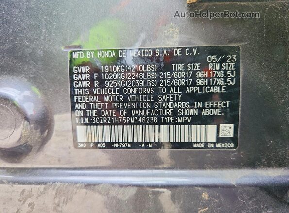 3CZRZ1H75PM746238 2023 HONDA HR-V Gray VIN კოდის სტიკერის ხედი