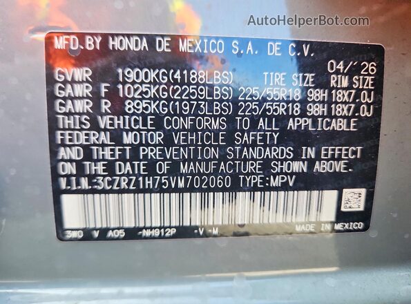 3CZRZ1H75VM702060 2027 HONDA HR-V Gray Vista de la etiqueta del VIN