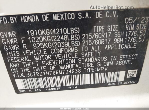 3CZRZ1H76RM704938 2024 HONDA HR-V White Vista del compartimento del motor