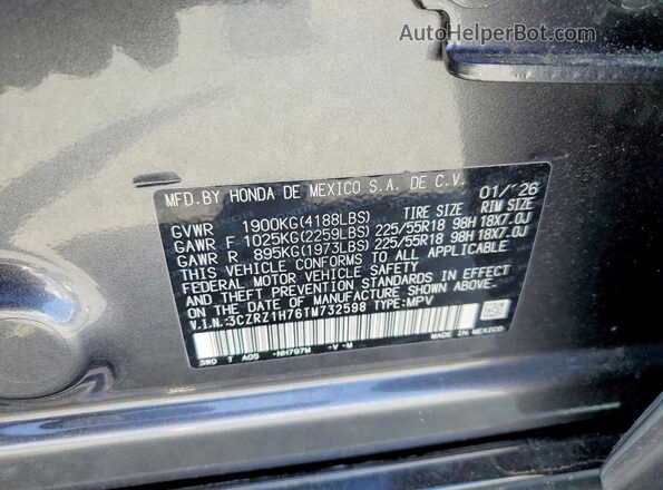 3CZRZ1H76TM732598 2026 HONDA HR-V Gray VIN კოდის სტიკერის ხედი