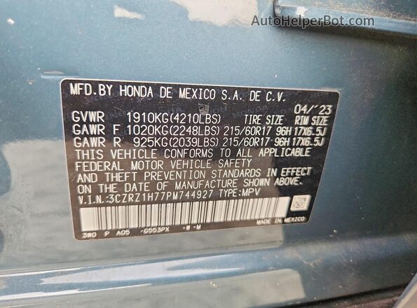 3CZRZ1H77PM744927 2023 HONDA HR-V Teal Vista de la etiqueta del VIN