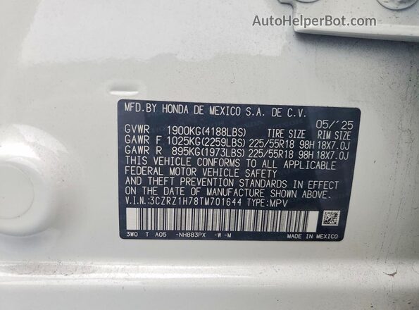 3CZRZ1H78TM701644 2026 HONDA HR-V White Engine compartment view