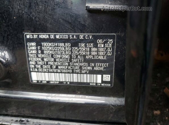 3CZRZ1H78TM706049 2026 HONDA HR-V Black VIN կոդի պիտակի տեսք
