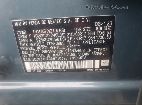 3CZRZ1H79RM710328 2024 HONDA HR-V Turquoise Widok naklejki z numerem VIN