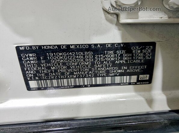 3CZRZ1H7XPM737342 2023 HONDA HR-V White Вид наклейки з VIN-кодом