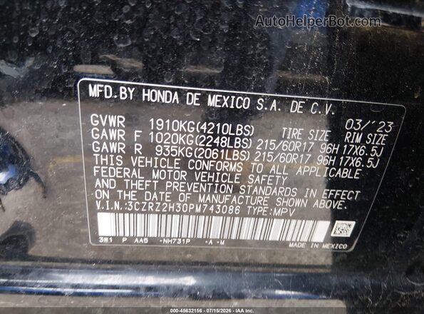 3CZRZ2H30PM743086 2023 HONDA HR-V Black ძრავის განყოფილების ხედი