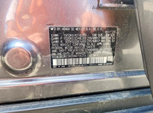 3CZRZ2H30RM758318 2024 HONDA HR-V Gray Vista de la etiqueta del VIN