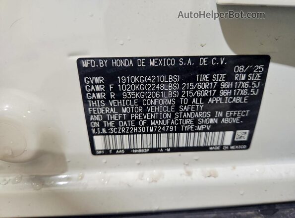 3CZRZ2H30TM724791 2026 HONDA HR-V White VIN კოდის სტიკერის ხედი