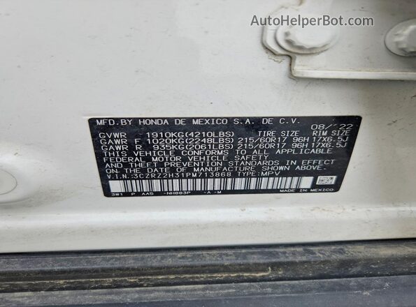 3CZRZ2H31PM713868 2023 HONDA HR-V White Vista interior de 360 grados