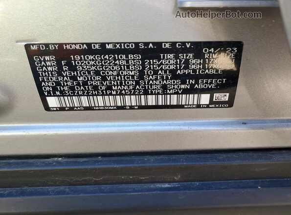 3CZRZ2H31PM745722 2023 HONDA HR-V Silver Engine compartment view