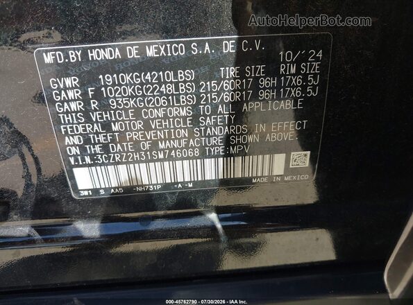 3CZRZ2H31SM746068 2025 HONDA HR-V Black Vista del compartimento del motor