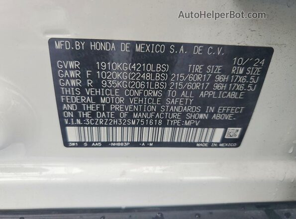 3CZRZ2H32SM751618 2025 HONDA HR-V White Vista de la etiqueta del VIN